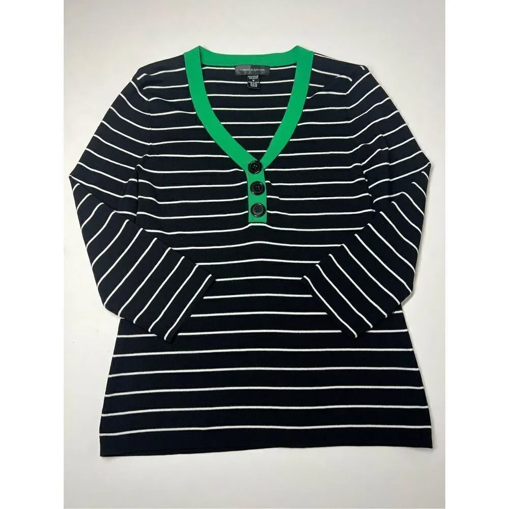 Cable & Gauge Women’s Size M Black White Green Striped V-Neck Sweater